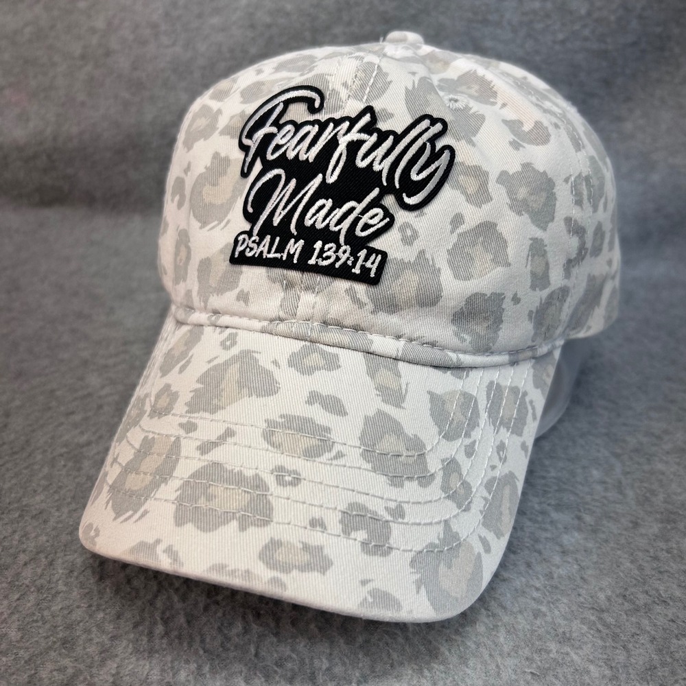 Fearfully Made Psalm 139:14 Womens White Leopard Print Hat Adjustable OSFM